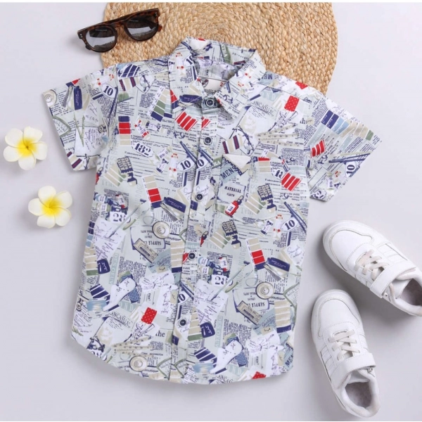 Dropship Boy's Cotton Blend Printed Short Sleeve Shirt (MultiColor)