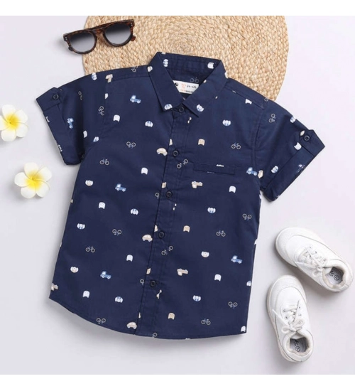 Boy's Cotton Blend Printed Short Sleeve Shirt (Navy Blue)
