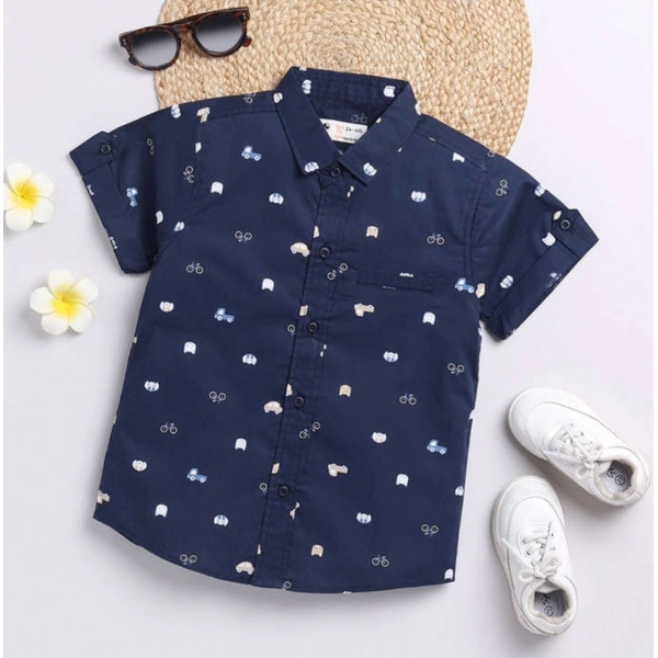 Dropship Boy's Cotton Blend Printed Short Sleeve Shirt (Navy Blue)