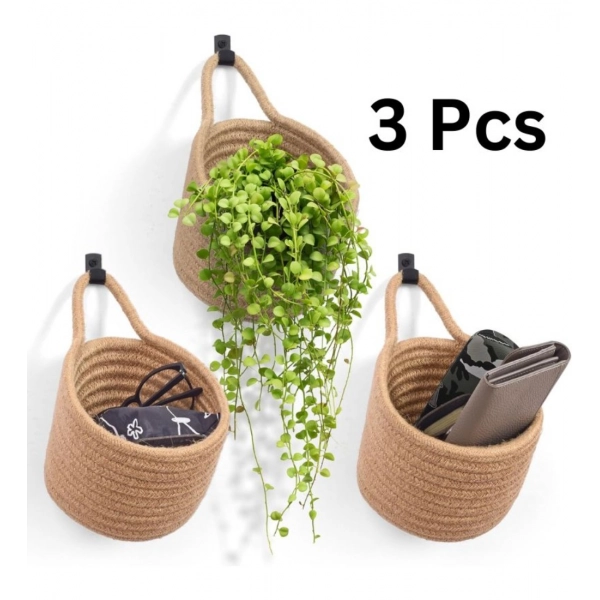 Dropship Cotton Hanging Storage Small Basket Pack of 3 Storage Basket For Clothes (Brown)