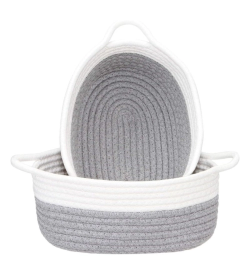 Cotton Grey White 2 Pcs Storage Basket For Clothes (Grey)