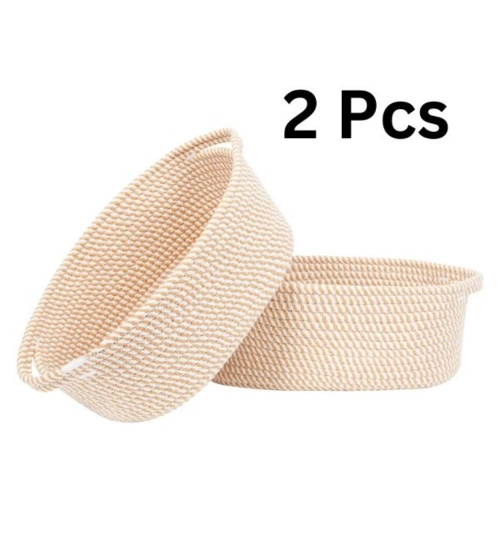 Cotton 2 Pcs Oval Basket Storage Basket For Clothes (Beige)