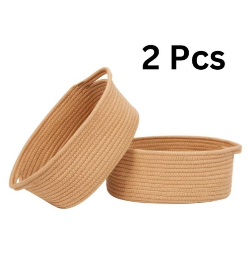 Cotton 2 Pcs Oval Basket Storage Basket For Clothes (Beige)