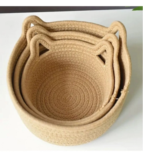 Cotton Cat Basket Pack of 3 Storage Basket For Clothes (Brown)