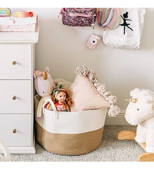 Cotton Laundry Basket Pack of 1 Storage Basket For Clothes (Beige)