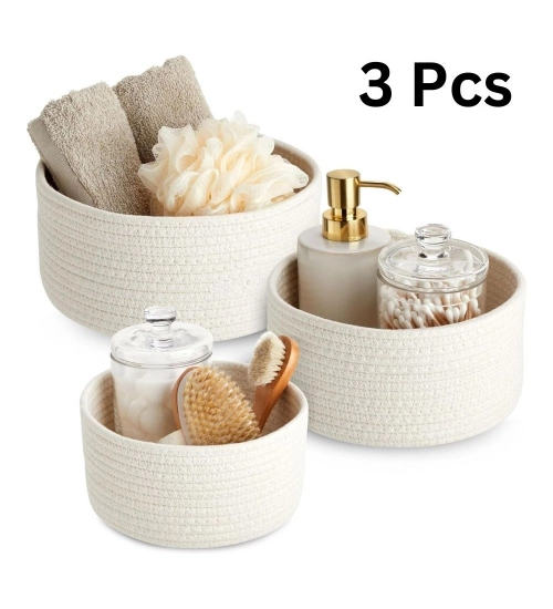 Cotton Round Basket Pack of 3 Storage Basket For Clothes (White)