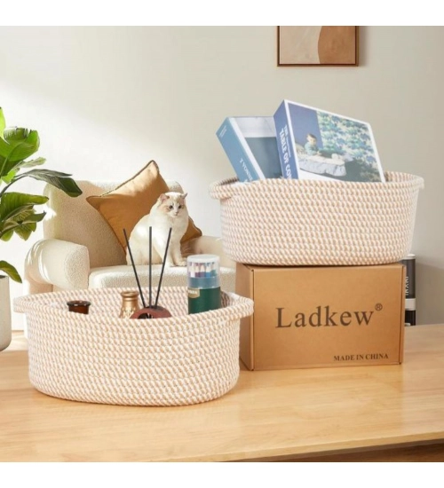 Cotton 2 Pcs Oval Basket Storage Basket For Clothes (Beige)