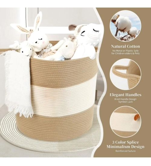 Cotton Basket Pack of 1 Storage Basket For Clothes (Beige)