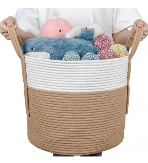 Cotton With Handle Pack of 1 Storage Basket For Clothes (White)