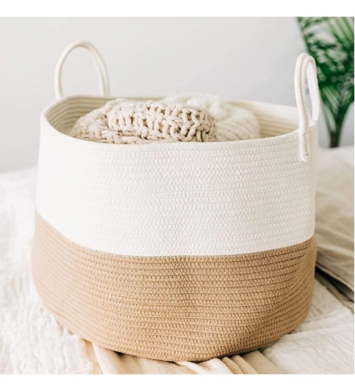 Cotton Laundry Basket Pack of 1 Storage Basket For Clothes (Beige)