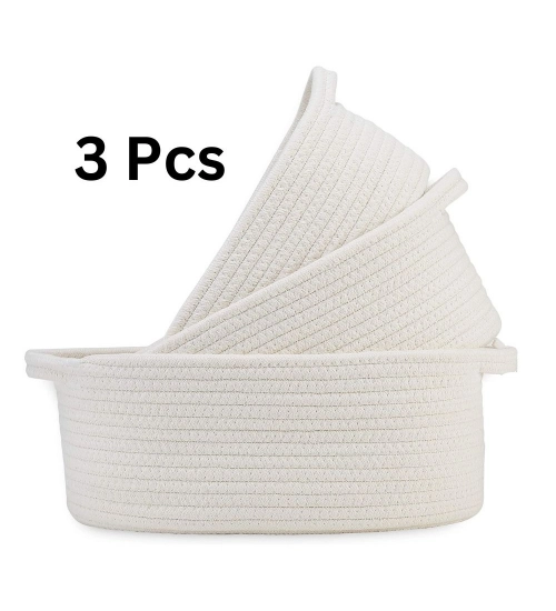 Cotton Oval Basket Pack of 3 Storage Basket For Clothes (White)