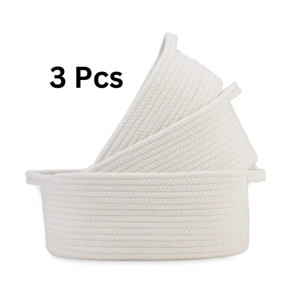 Dropship Cotton Oval Basket Pack of 3 Storage Basket For Clothes (White)