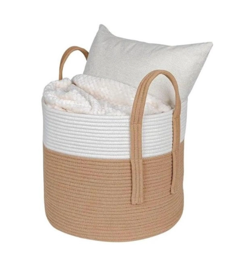 Cotton With Handle Pack of 1 Storage Basket For Clothes (White)