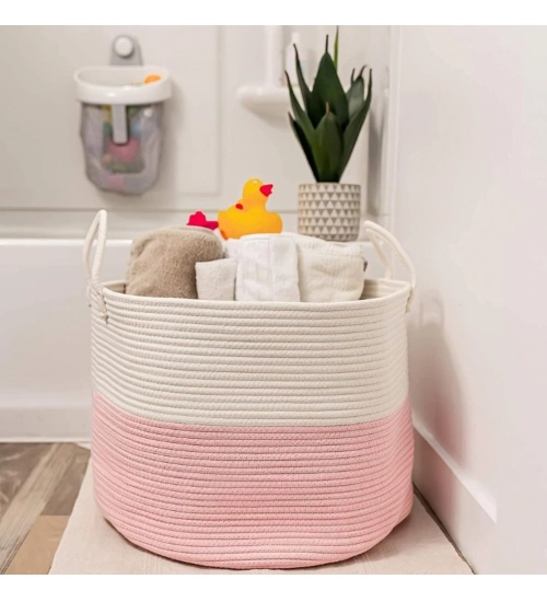Cotton Laundry Basket Pack of 1 Storage Basket For Clothes (Pink)