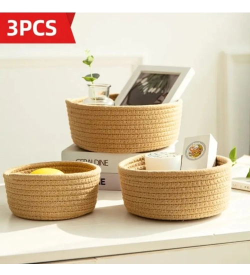 Cotton 3 Pcs Round Set Storage Basket For Clothes (Brown)