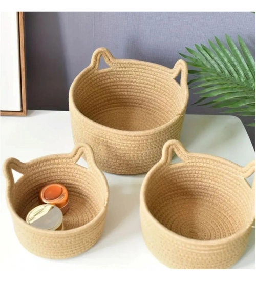 Cotton Cat Basket Pack of 3 Storage Basket For Clothes (Brown)