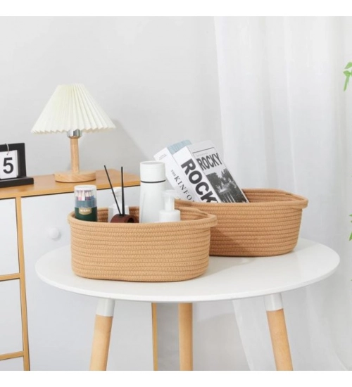 Cotton 2 Pcs Oval Basket Storage Basket For Clothes (Beige)