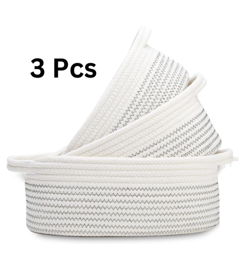 Cotton Zigzag Oval Basket Pack of 3 Storage Basket For Clothes (White)