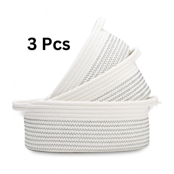 Dropship Cotton Zigzag Oval Basket Pack of 3 Storage Basket For Clothes (White)
