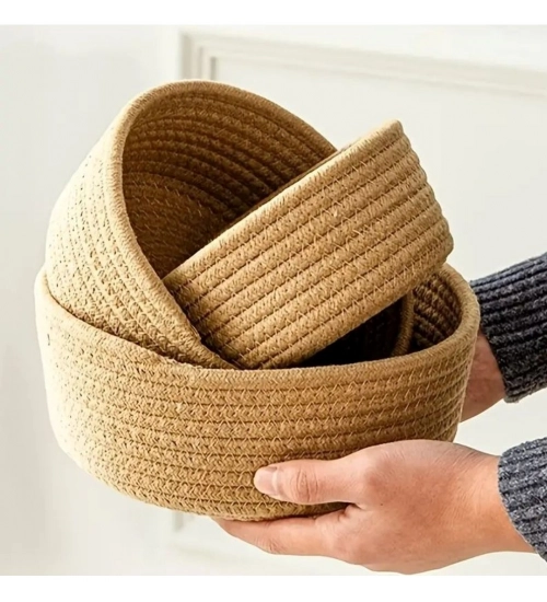 Cotton 3 Pcs Round Set Storage Basket For Clothes (Brown)