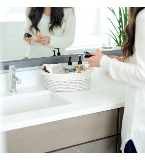 Cotton Zigzag Oval Basket Pack of 3 Storage Basket For Clothes (White)