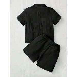 Generic Boy's Popcorn Solid Short Sleeve Shirt And Shorts Set (Black)