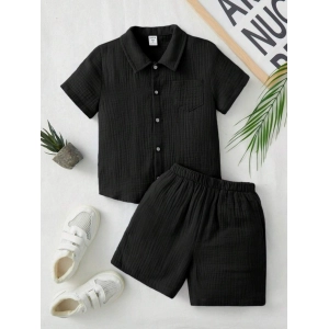 Generic Boy's Popcorn Solid Short Sleeve Shirt And Shorts Set (Black)
