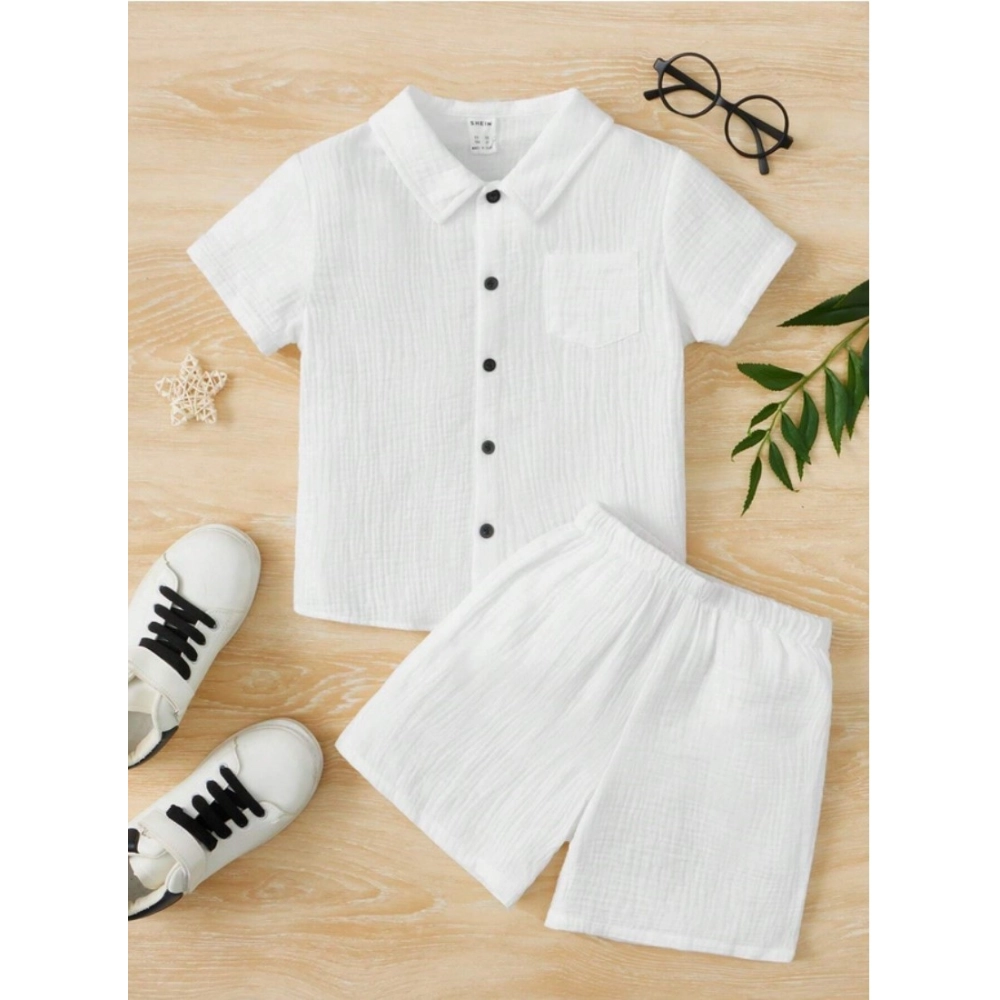 Generic Boy's Popcorn Solid Short Sleeve Shirt And Shorts Set (White)