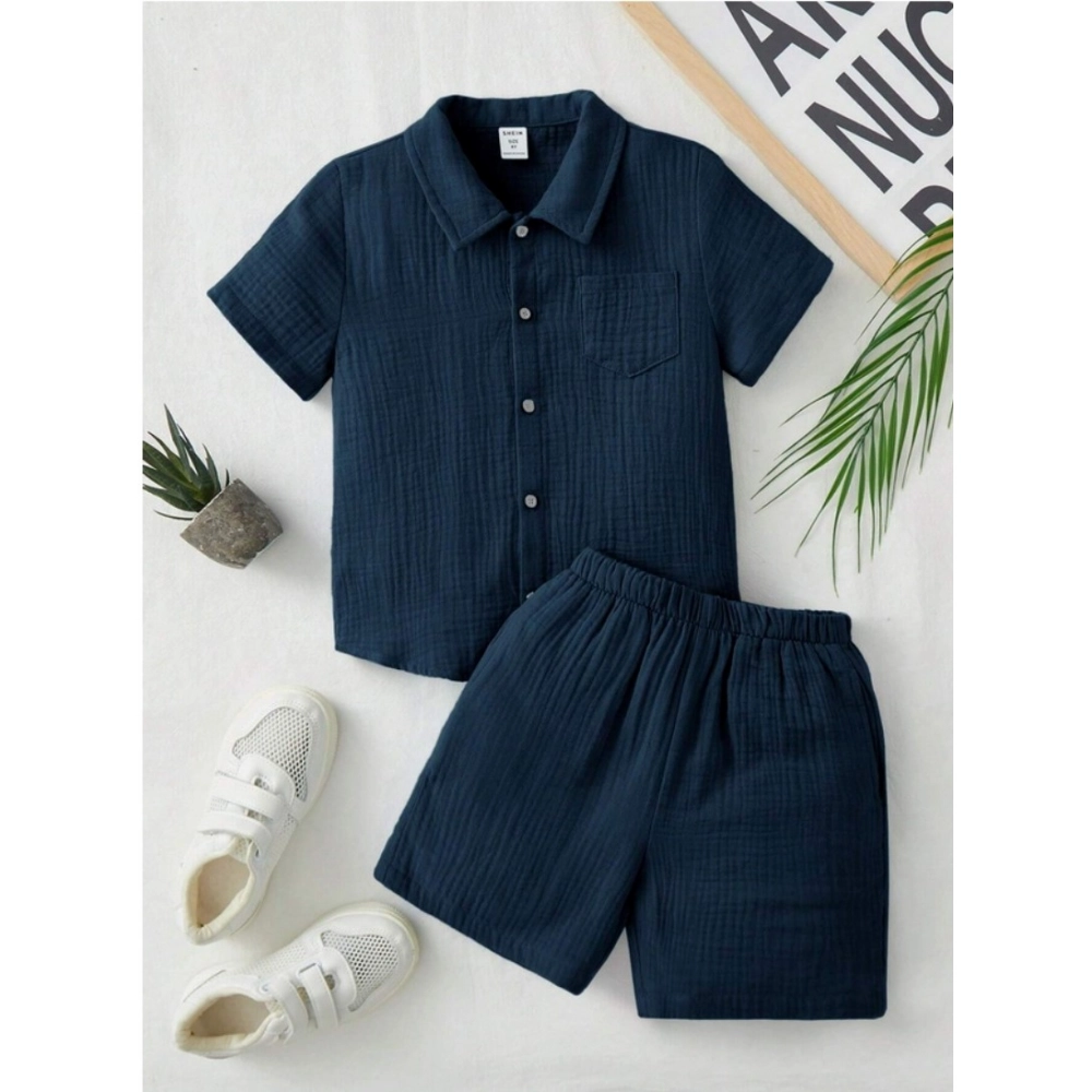 Generic Boy's Popcorn Solid Short Sleeve Shirt And Shorts Set (Navy)