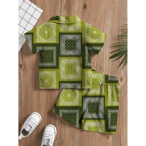 Generic Boy's Twill Cotton Printed Short Sleeve Shirt And Shorts Set (Green)
