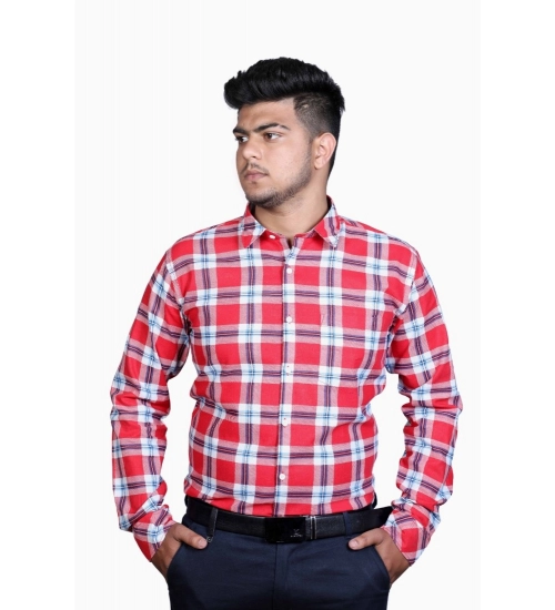Men's Cotton Lycra Full Sleeve Checked Casual Shirt (Red White)