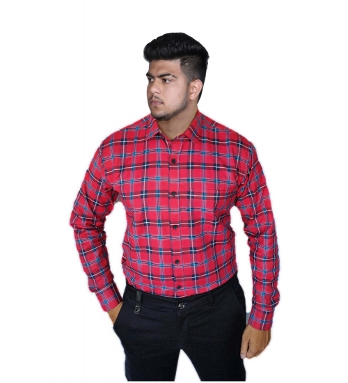 Men's Cotton Lycra Full Sleeve Checked Casual Shirt (Red )