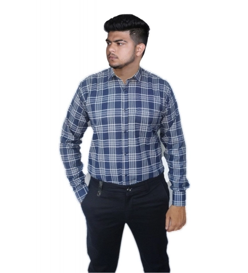Men's Cotton Lycra Full Sleeve Checked Casual Shirt (Navy Blue)