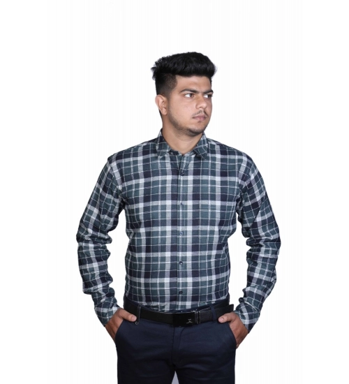 Men's Cotton Lycra Full Sleeve Checked Casual Shirt (Dark Green)