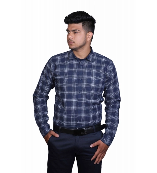 Men's Cotton Lycra Full Sleeve Checked Casual Shirt (Navy Blue)