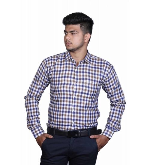 Men's Cotton Lycra Full Sleeve Checked Casual Shirt (Brown Blue)