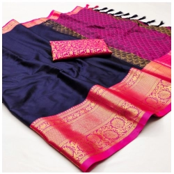 Women's Cotton Silk Floral Print Saree With Unstitched Blouse 5.5Mtr (Navy Blue)