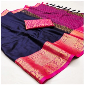 Generic Women's Cotton Silk Floral Print Saree With Unstitched Blouse 5.5Mtr (Navy Blue)