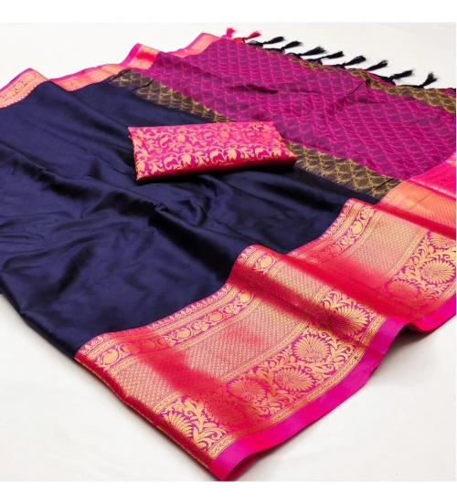 Women's Cotton Silk Floral Print Saree With Unstitched Blouse 5.5Mtr (Navy Blue)