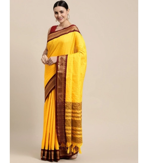 Women's Cotton Silk Checkered Saree With Unstitched Blouse 5.5Mtr (Yellow)