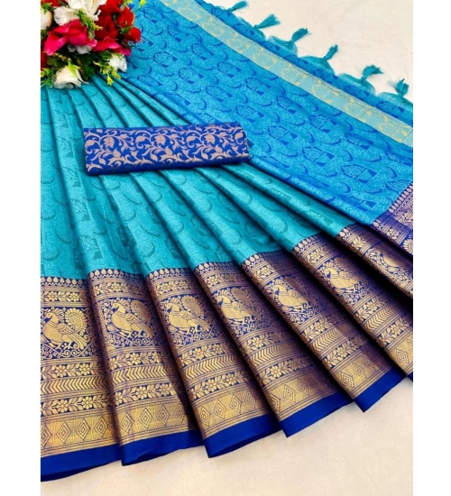 Women's Cotton Silk Printed Saree With Unstitched Blouse 5.5Mtr (Sky Blue)