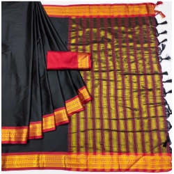 Women's Cotton Silk Solid Saree With Unstitched Blouse 5.5Mtr (Black)