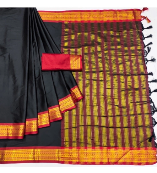 Women's Cotton Silk Solid Saree With Unstitched Blouse 5.5Mtr (Black)