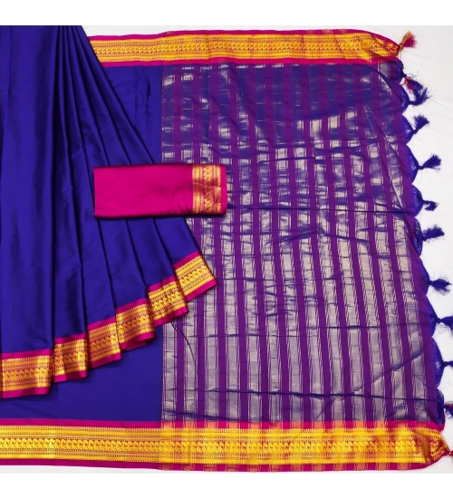 Women's Cotton Silk Solid Saree With Unstitched Blouse 5.5Mtr (Blue)