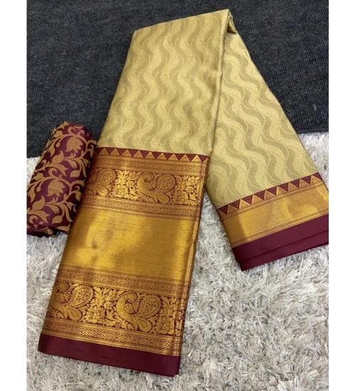Women's Cotton Silk Printed Saree With Unstitched Blouse 5.5Mtr (Brown)