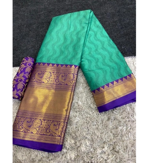 Women's Cotton Silk Printed Saree With Unstitched Blouse 5.5Mtr (Blue)