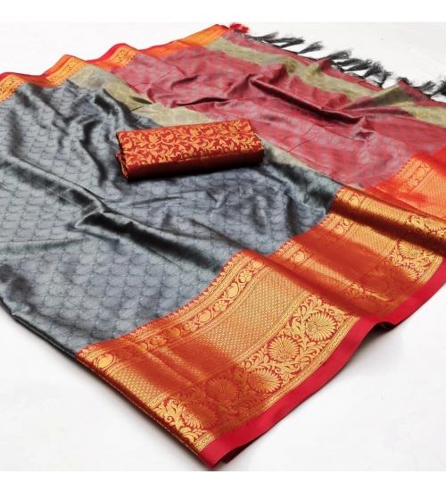 Women's Cotton Silk Floral Print Saree With Unstitched Blouse 5.5Mtr (Grey)