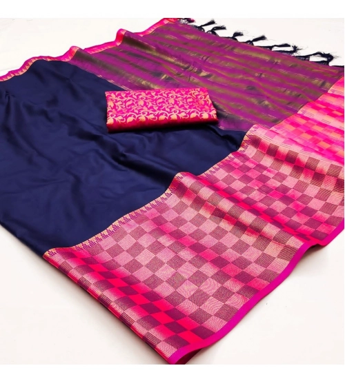 Women's Cotton Silk Checkered Saree With Unstitched Blouse 5.5Mtr (Blue)