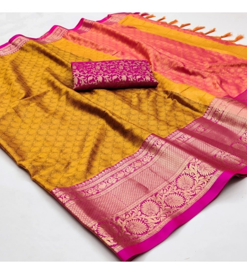Women's Cotton Silk Floral Print Saree With Unstitched Blouse 5.5Mtr (Mustard)
