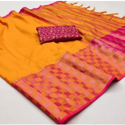 Women's Cotton Silk Checkered Saree With Unstitched Blouse 5.5Mtr (Orange)